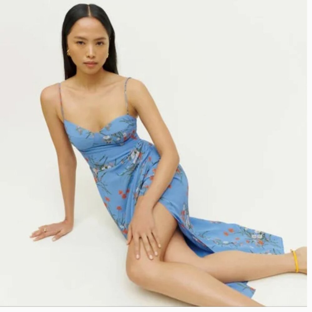 Reformation Kourtney Dress Blue Floral Midi Dress with Spaghetti Straps - Picture 2 of 11